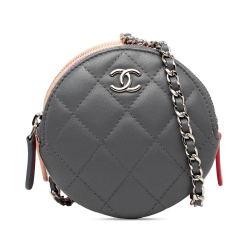 Chanel Gray CC Quilted Lambskin Triple Zip Round Clutch With Chain Italy