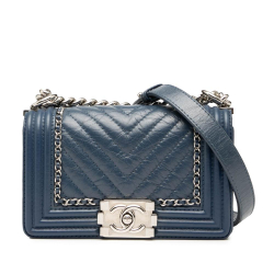 Chanel AB Chanel Blue Navy Calf Leather Small Chevron Aged skin Jacket Boy Flap France