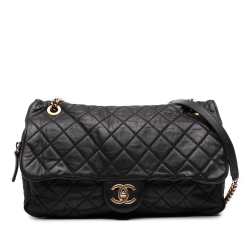 Chanel B Chanel Black Calf Leather Large Quilted Iridescent skin Shiva Flap Italy