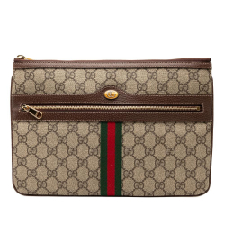 Gucci AB Gucci Brown Beige Coated Canvas Fabric GG Supreme Web Ophidia Clutch Italy