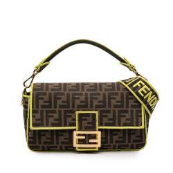 Fendi B Fendi Brown with Yellow Canvas Fabric Zucca Embroidered Baguette Satchel Italy