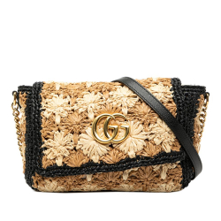 Gucci B Gucci Brown Beige with Black Raffia Natural Material Small GG Marmont Crossbody Italy