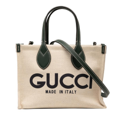 Gucci AB Gucci Brown Beige with Green Canvas Fabric Medium Logo Tote Italy