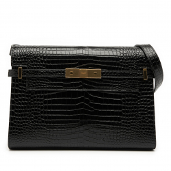 Saint Laurent Paris Manhattan Leather Crocodile-Embossed Flap Clutch Black