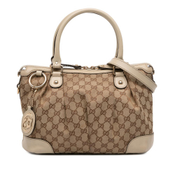 Gucci B Gucci Brown Beige Canvas Fabric GG Sukey Satchel Italy