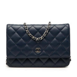 Chanel B Chanel Blue Navy Lambskin Leather Leather CC Quilted Lambskin Wallet On Chain France