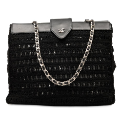Chanel B Chanel Black Raffia Natural Material CC Crochet Chain Tote France