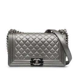 Chanel Gray Lambskin Leather Leather Old Medium Quilted Perforated Metallic Lambskin Boy Flap Italy