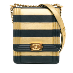 Chanel Gold Paris New York Metallic Lambskin Striped North South Boy Flap Italy