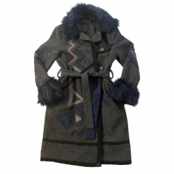 Bleu Blanc Rouge Wollmantel mit Pelzimitat, blau und grau