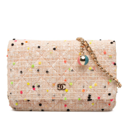Chanel Brown Light Beige Tweed Fabric CC Quilted Candy Cotton and Beach Ball Wallet On Chain Italy