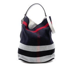 Burberry B Burberry Blue Navy with White Canvas Fabric Medium Mega Check Ashby Bucket Bag China