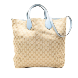 Gucci B Gucci Brown Beige with Blue Light Blue Canvas Fabric GG Reversible Tote Italy