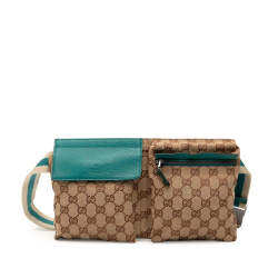 Gucci B Gucci Brown Beige with Blue Aqua Canvas Fabric GG Web Double Pocket Belt Bag Italy