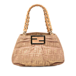 Fendi B Fendi Brown Beige Polyester Fabric Small Zucca Metallic Lurex Mia Chain Tote Italy