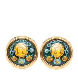 Hermès B Hermès Green Dark Green with Gold Enamel Other Cloisonne Clip on Earrings France