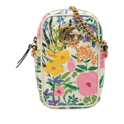 Gucci AB Gucci White Calf Leather Mini GG Marmont Floral Printed Matelasse Crossbody Italy