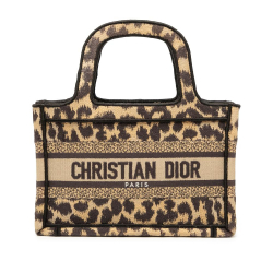 Christian Dior AB Dior Brown Canvas Fabric Mizza Mini Embroidered Leopard Book Tote Italy