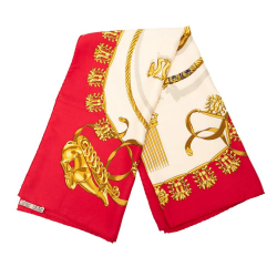 Hermès B Hermès White with Red Silk Fabric Les Cavaliers d Or Scarf 90 France