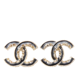 Chanel B Chanel Gold with Black Gold Plated Metal Enamel CC Baroque Push Back Earrings France