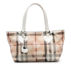 Burberry B Burberry Brown Beige with White Coated Canvas Fabric House Check Hearts Gracie Tote Italy