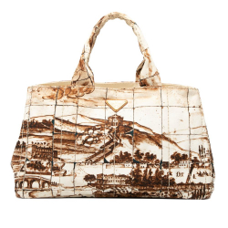 Prada B Prada Brown Canvas Fabric Large Canapa Azulejos Satchel Italy