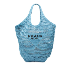 Prada AB Prada Blue Light Blue Raffia Natural Material Effect Crochet Logo Embroidered Shopping Tote Italy