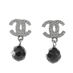 Chanel AB Chanel Silver with Black Silver Plated Metal CC Bead Drop Push Back Earrings France
