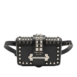 Prada B Prada Black Calf Leather Studded City and Saffiano Cahier Belt Bag Italy