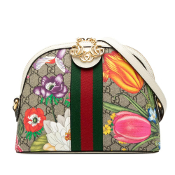 Gucci AB Gucci Brown Beige Coated Canvas Fabric Small GG Supreme Flora Ophidia Dome Crossbody Italy