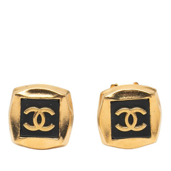 Chanel AB Chanel Gold with Black Gold Plated Metal CC Enamel Square Clip On Earrings France