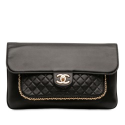 Chanel B Chanel Black Lambskin Leather Leather Quilted Lambskin CC Unchained Flap Clutch Italy
