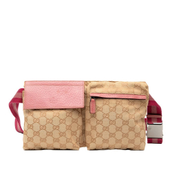 Gucci B Gucci Brown Beige Canvas Fabric GG Web Double Pocket Belt Bag Italy