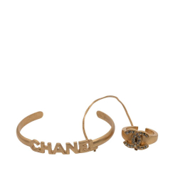 Chanel AB Chanel Gold Gold Plated Metal CC Rhinestone and Logo Cuff Bracelet and Ring Set France