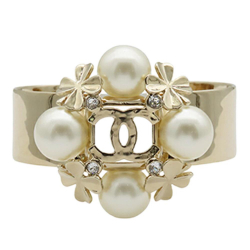 Chanel B Chanel Gold Gold Plated Metal CC Faux Pearl Clover Cuff Bracelet Italy