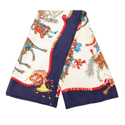 Hermès AB Hermès White Ivory with Blue Dark Blue Silk Fabric Les Fetes Du Roi Soleil Scarf France