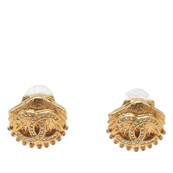 Chanel AB Chanel Gold Gold Plated Metal CC Rhinestone Shell Clip On Earrings France