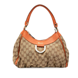 Gucci B Gucci Brown Beige with Orange Canvas Fabric GG Abbey D Ring Handbag Italy