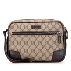 Gucci B Gucci Brown Beige Coated Canvas Fabric GG Supreme Web Clutch Italy