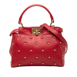 Fendi B Fendi Red Calf Leather XS Crystal Star Studded Peekaboo Iconic Satchel Italy