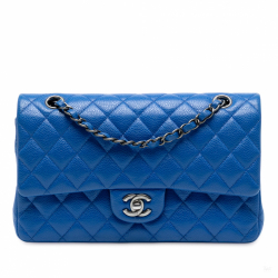Chanel Classic Double Flap Medium Caviar Leather Matelassè Shoulder Bag Blue