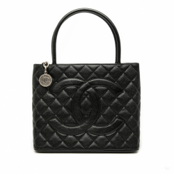Chanel Vintage Medallion Caviar Leather Quilted Tote Handbag Black