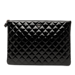 Chanel AB Chanel Black Patent Leather Leather Large Quilted Patent O Case Clutch Italy