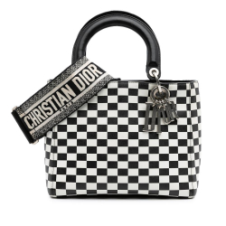 Christian Dior B Dior Black with White Calf Leather Medium skin Checkered Lady Dior Italy