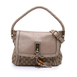 Gucci B Gucci Brown Beige with Gold Canvas Fabric GG Bella Flap Satchel Italy