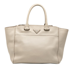 Prada B Prada Brown Light Beige Calf Leather City Stitched Twin Pocket Satchel Italy