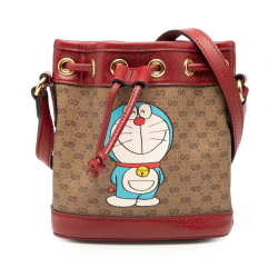 Gucci B Gucci Brown Beige Coated Canvas Fabric Micro GG Supreme Doraemon Bucket Bag Italy