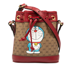 Gucci AB Gucci Brown Beige with Red Coated Canvas Fabric Micro GG Supreme Doraemon Bucket Bag Italy