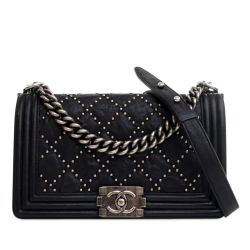 Chanel AB Chanel Black Calf Leather Old Medium Quilted Crumpled skin Studded Boy Flap France