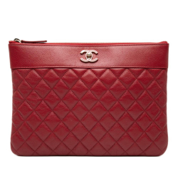 Chanel AB Chanel Red Sheepskin Leather Leather Medium Quilted Sheepskin Mademoiselle O Case Clutch Italy